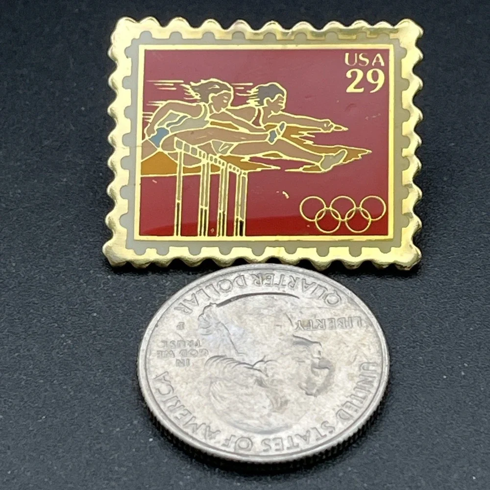 1992 Barcelona Summer Olympics‎ USPS Sponsor Hurdles Track Stamp Lapel Hat Pin